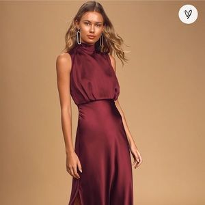 Classic Elegance Wine Satin Sleeveless Mock Neck Maxi Dress